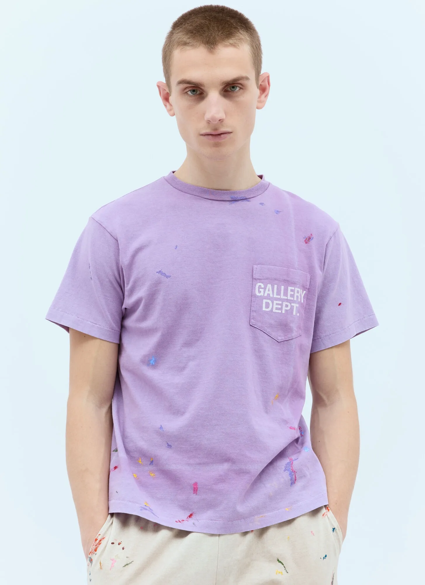 New models in stock! GALLERY DEPT VINTAGE LOGO PAINTED TEE PURPLE Purple ink splashed distressed short sleeves Retro English pocket TEE Purple S-XL Ready-to-wear dyeing Fried salt distressing Hand-sewn plaster bone Very heavy industry Manufacturing dark and light fading technology Hand-splashed ink graffiti Genuine acrylic material